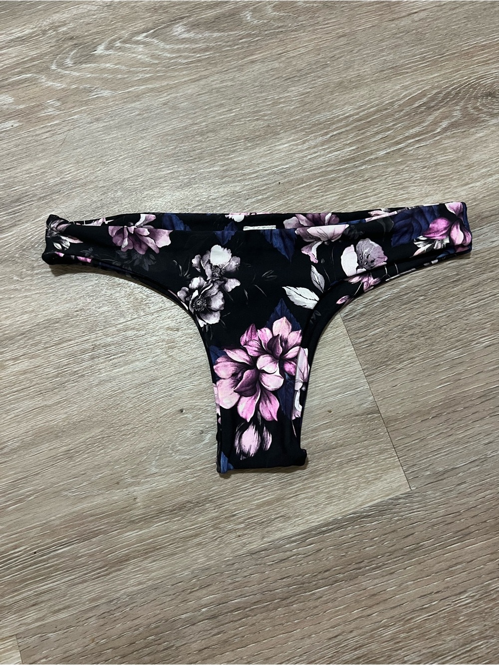 Black Floral Bikini Bottom with Pink and Purple Flowers
